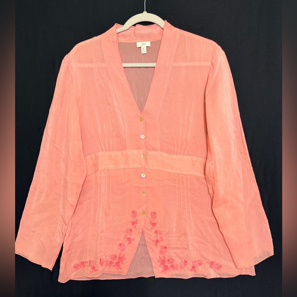 J. Jill Coral Pink Sheer Silk Blouse with Floral Embroidery button up